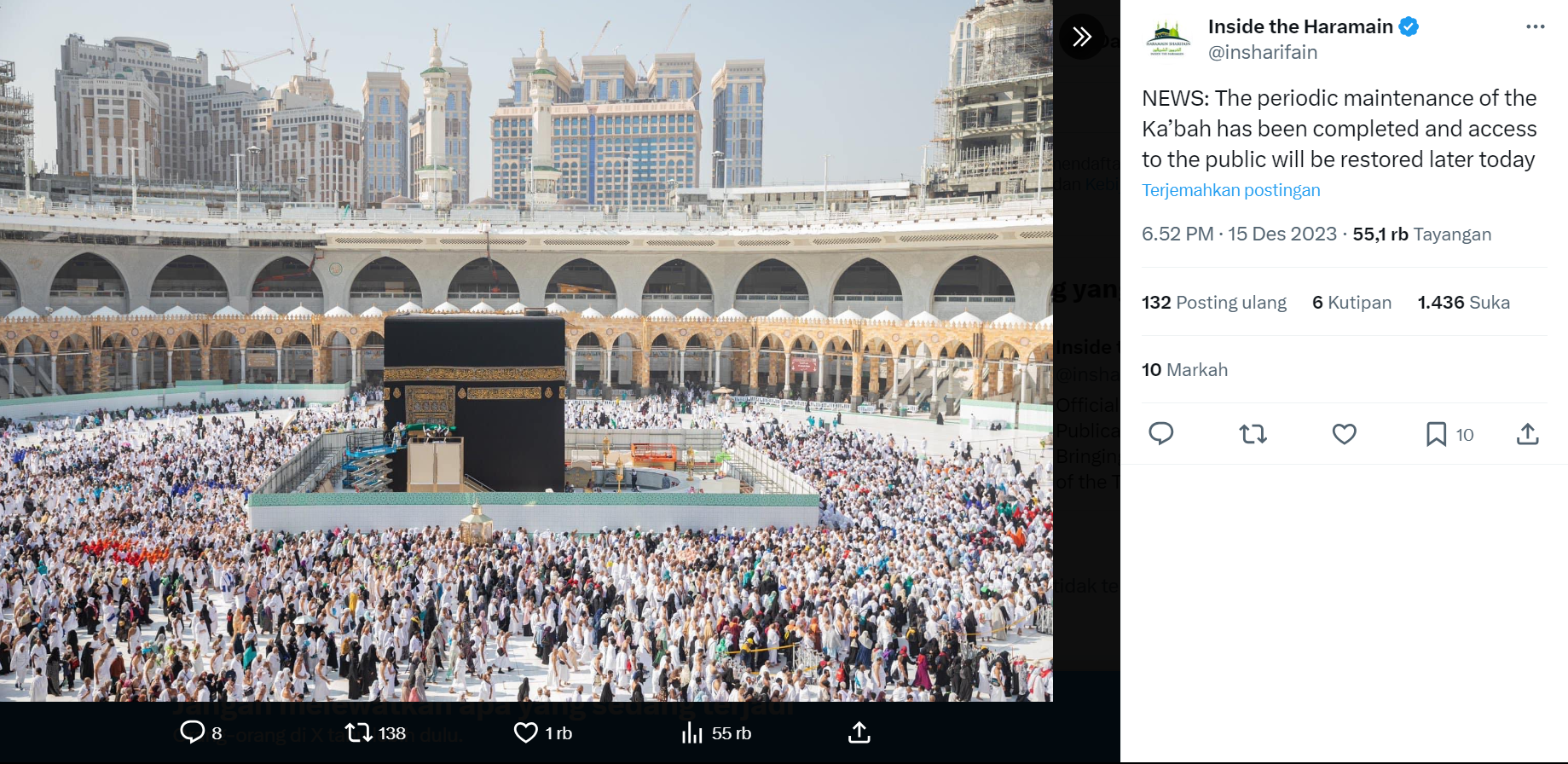 Pemeliharaan Ka’bah Selesai, Pagar Penutup Dibuka Kembali